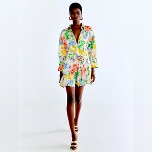 ZARA Long Sleeve Floral Button Down Dress with Front Tie Bow Satin Like Material